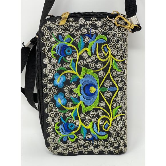 Blue & Black Rose Embroidery Tapestry Zip Around Crossbody Wallet~Made in Mexico - Picture 4 of 12